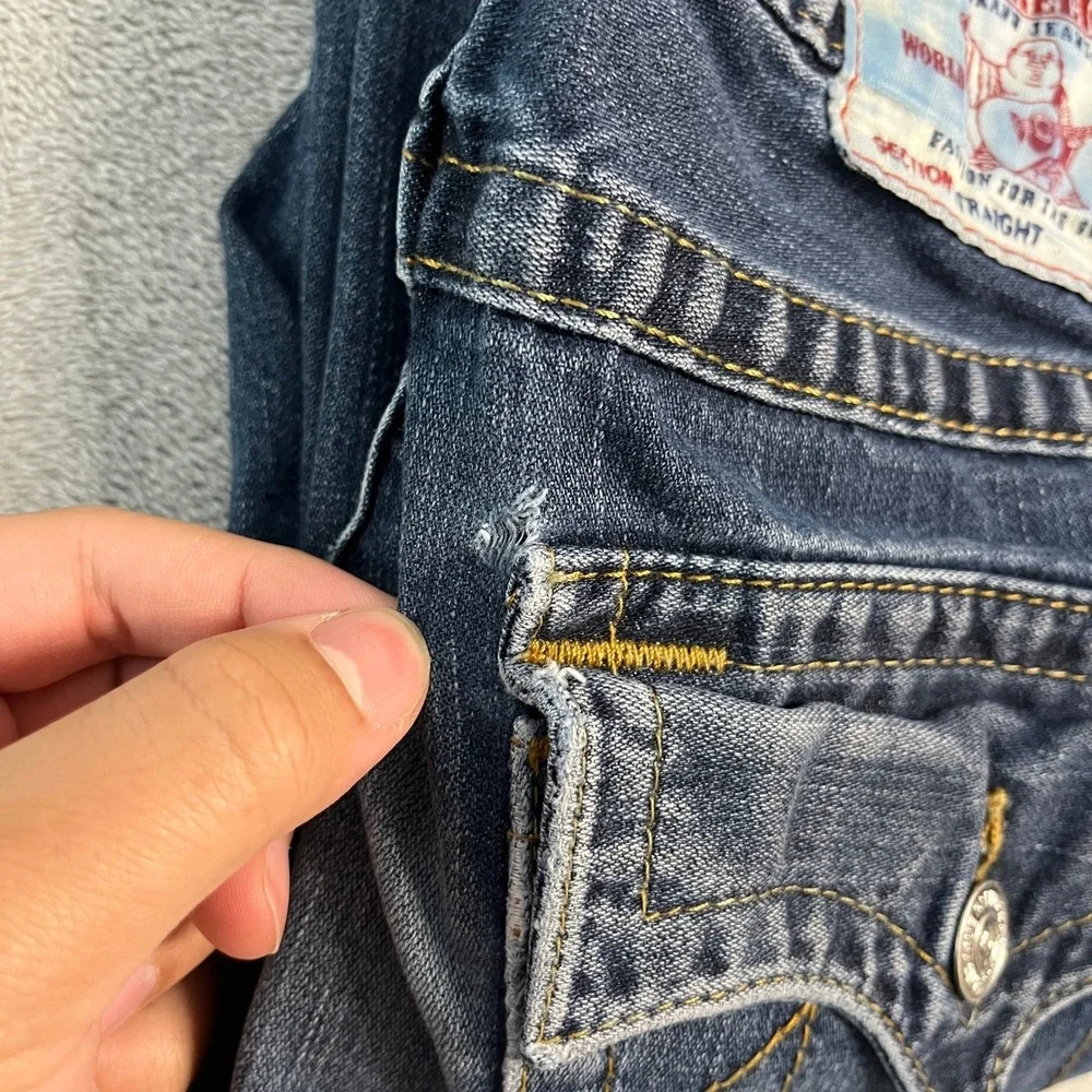 True Religion Straight Flap Pocket Blue Jeans 31x27 Faded Denim Distressed